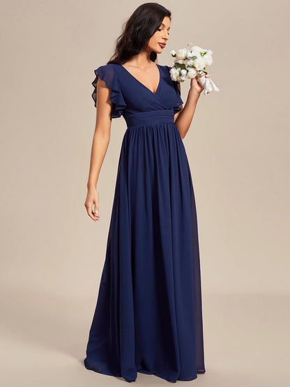 Ruffled V-Neck Bridesmaid Dress with Pleats and Belt