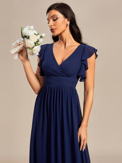 Ruffled V-Neck Bridesmaid Dress with Pleats and Belt
