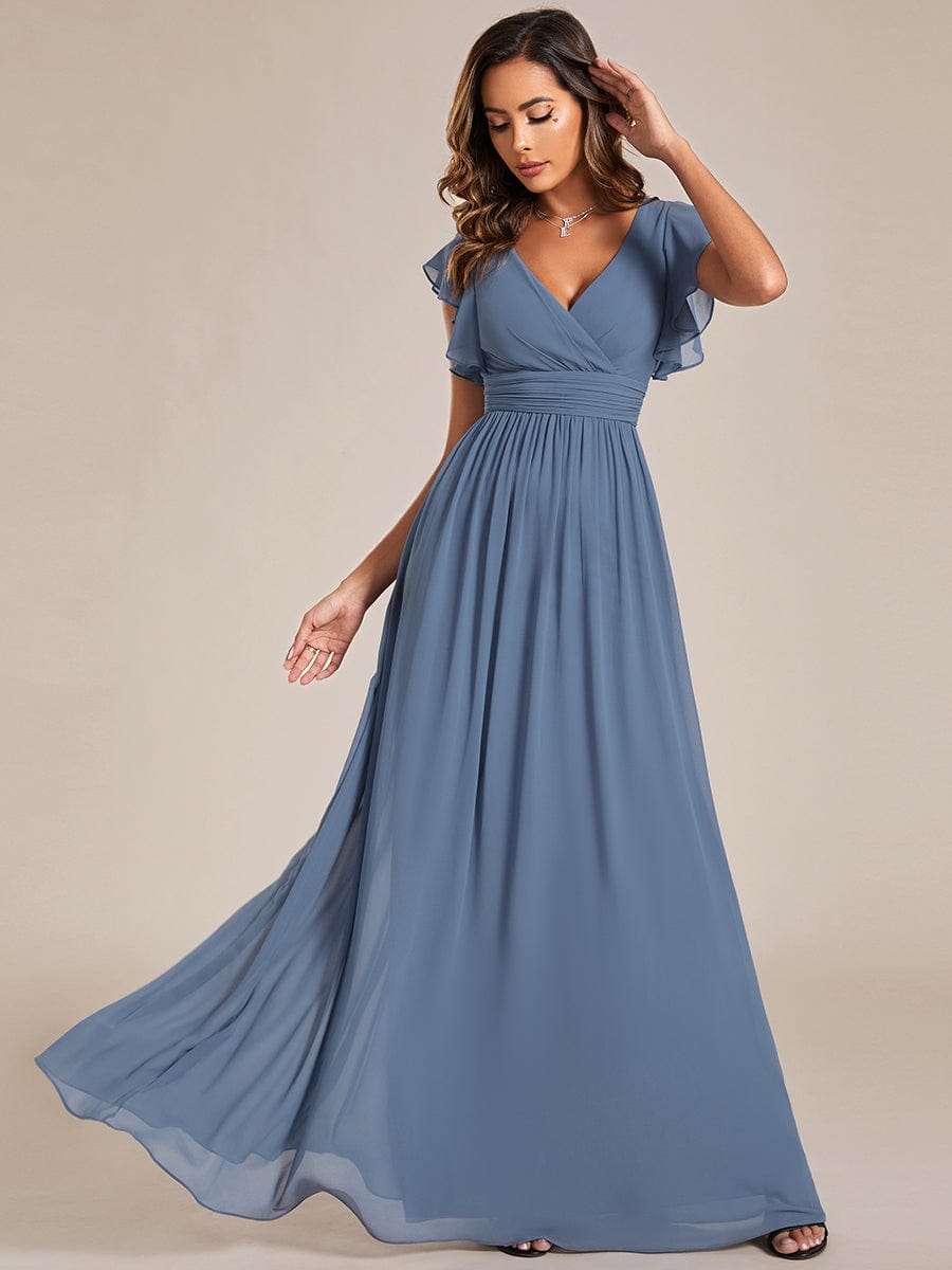 Ruffled V-Neck Bridesmaid Dress with Pleats and Belt