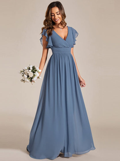 Ruffled V-Neck Bridesmaid Dress with Pleats and Belt