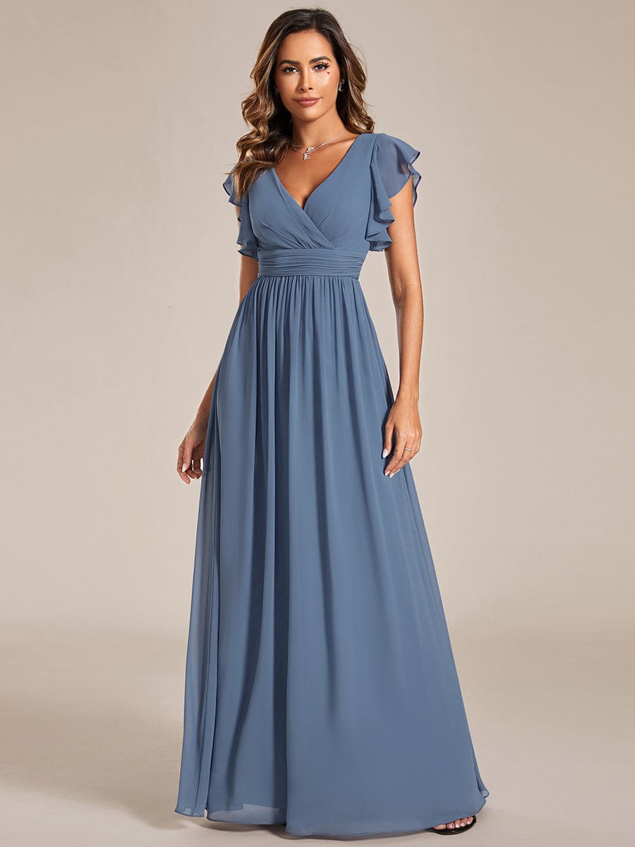 Ruffled V-Neck Bridesmaid Dress with Pleats and Belt