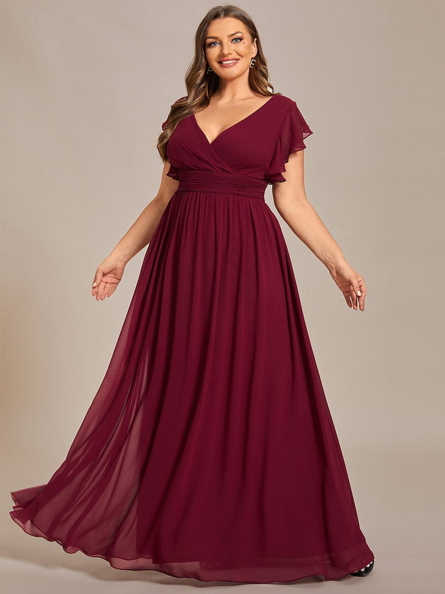Ruffled V-Neck Bridesmaid Dress with Pleats and Belt