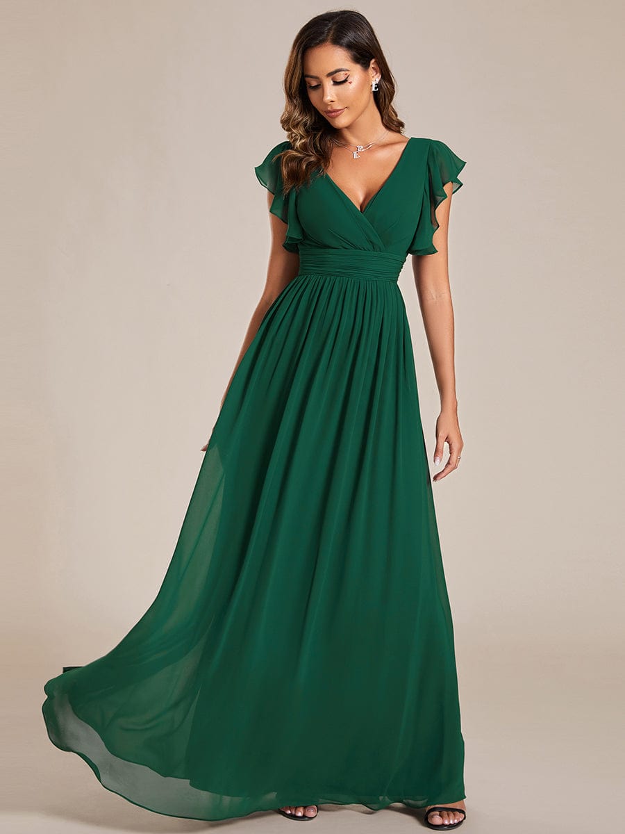Ruffled V-Neck Bridesmaid Dress with Pleats and Belt