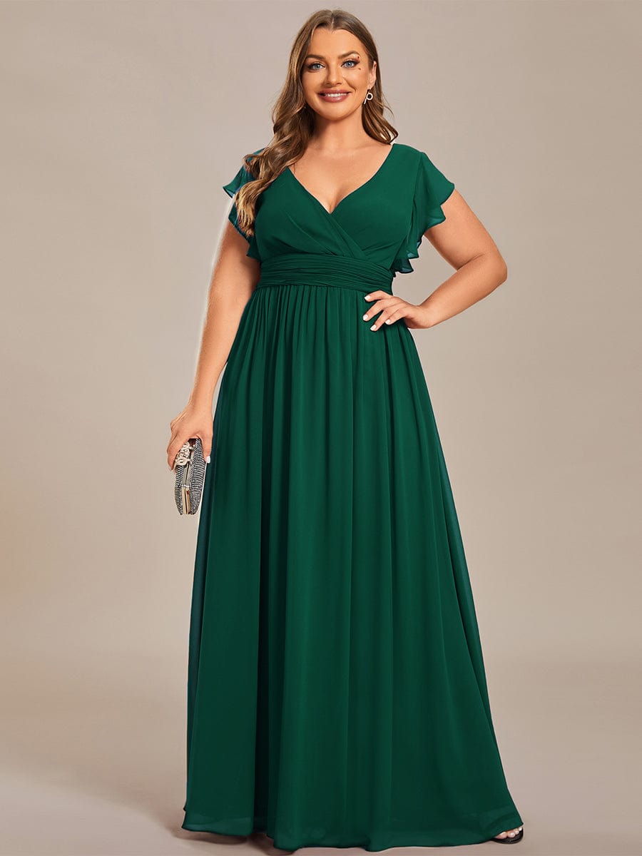 Ruffled V-Neck Bridesmaid Dress with Pleats and Belt