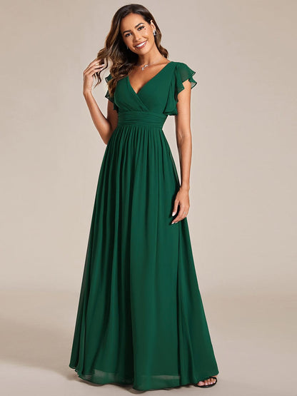 Ruffled V-Neck Bridesmaid Dress with Pleats and Belt
