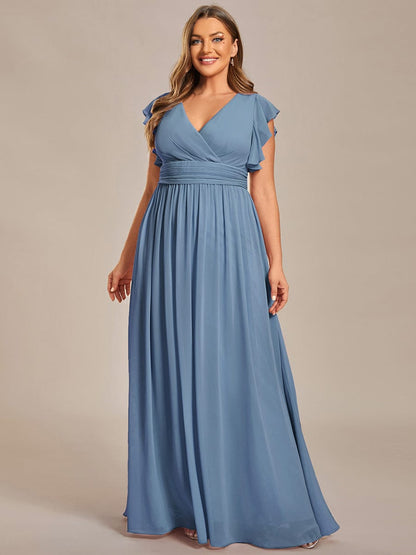 Ruffled V-Neck Bridesmaid Dress with Pleats and Belt