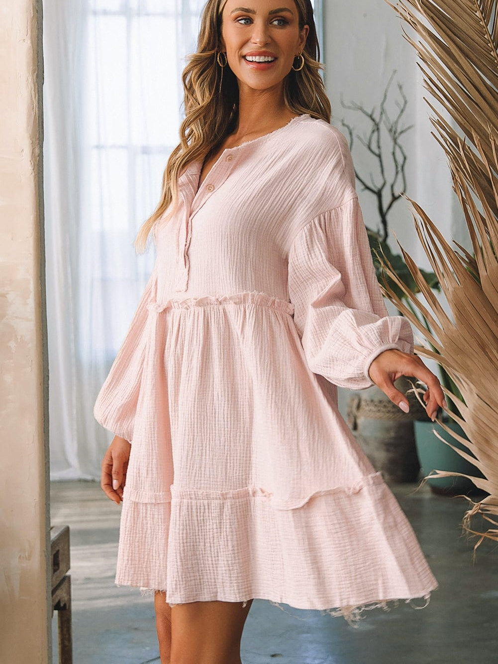 Ruffled V-Neck Shift Mini Dress in Pink Cotton-Linen Blend