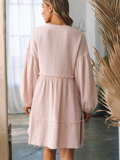 Ruffled V-Neck Shift Mini Dress in Pink Cotton-Linen Blend