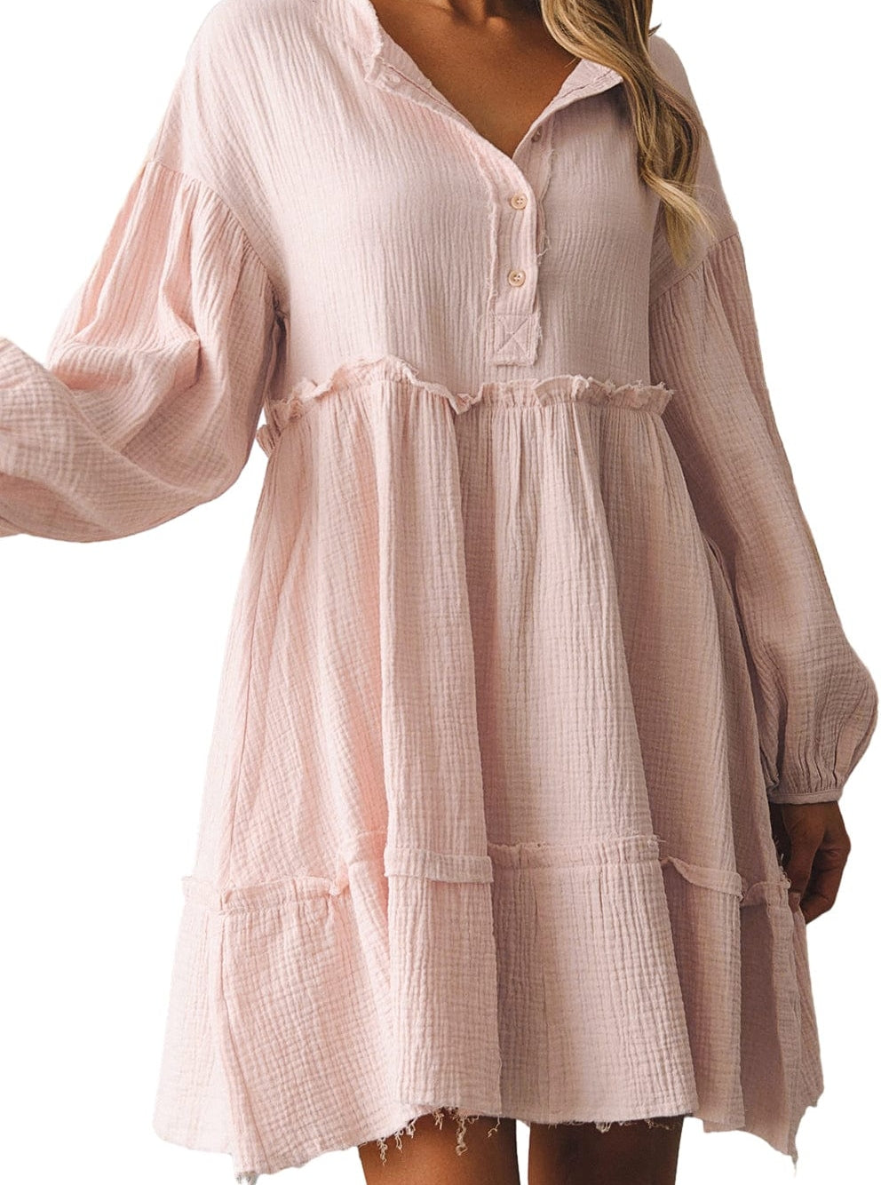 Ruffled V-Neck Shift Mini Dress in Pink Cotton-Linen Blend