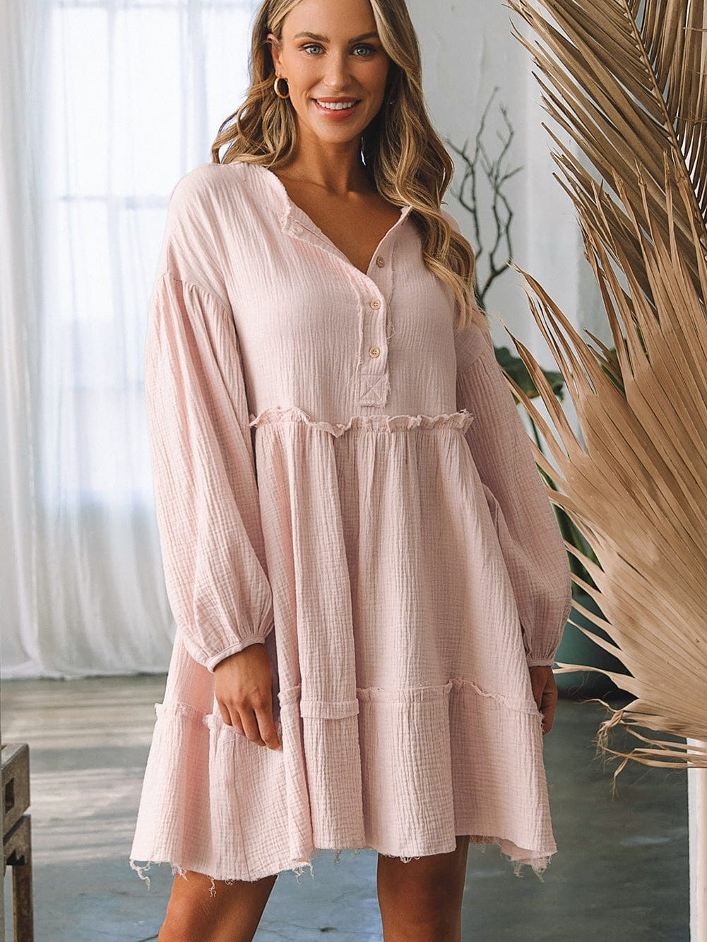 Ruffled V-Neck Shift Mini Dress in Pink Cotton-Linen Blend