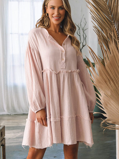 Ruffled V-Neck Shift Mini Dress in Pink Cotton-Linen Blend