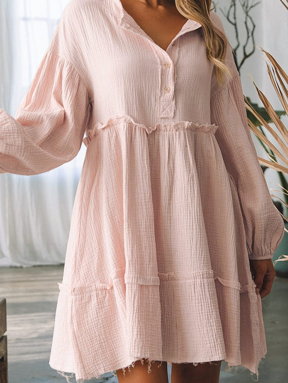 Ruffled V-Neck Shift Mini Dress in Pink Cotton-Linen Blend