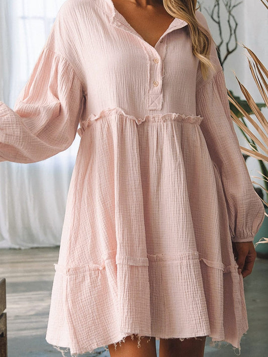 Ruffled V-Neck Shift Mini Dress in Pink Cotton-Linen Blend