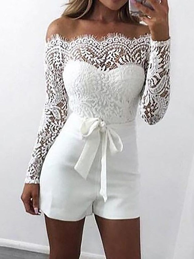 Jumpsuits for Women Sexy Romper Lace Backless Solid Color Off Shoulder Elegant Party Street Regular Fit Long Sleeve White S M L Summer - LuckyFash™