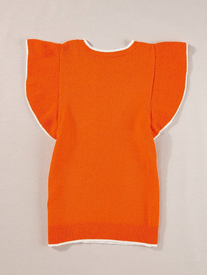 Russet Orange Ruffle Sleeve Short Sleeve Knit Top