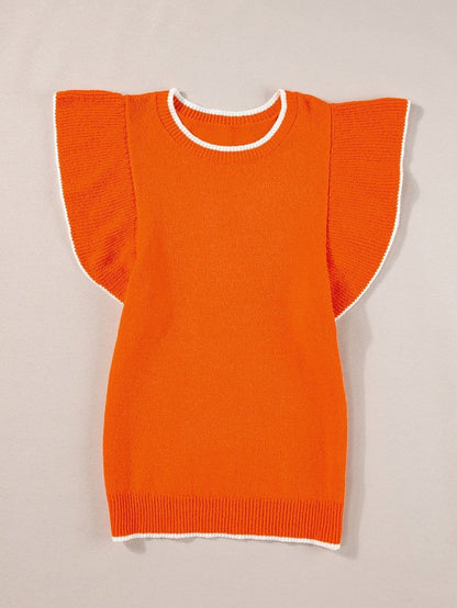 Russet Orange Ruffle Sleeve Short Sleeve Knit Top