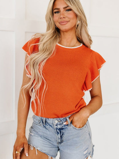 Russet Orange Ruffle Sleeve Short Sleeve Knit Top