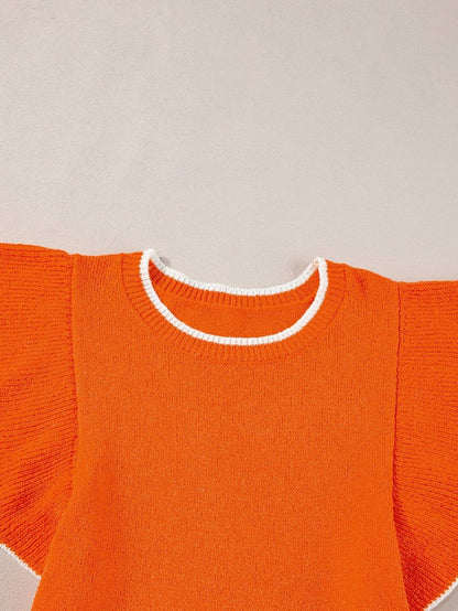 Russet Orange Ruffle Sleeve Short Sleeve Knit Top