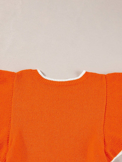 Russet Orange Ruffle Sleeve Short Sleeve Knit Top