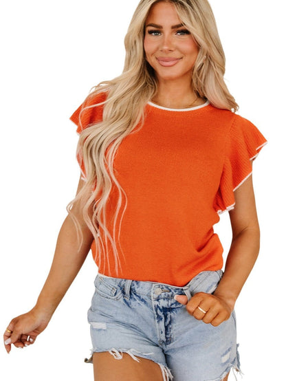 Russet Orange Ruffle Sleeve Short Sleeve Knit Top