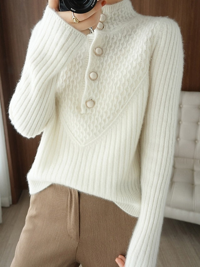 Women's Cardigan Stand Collar Ribbed Knit Polyester Button Knitted Fall Winter Regular Outdoor Daily Going out Stylish Casual Soft Long Sleeve Solid Color White Khaki S M L