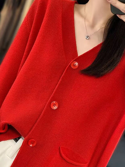 Women's Cardigan Sweater Jacket V Neck Ribbed Knit Acrylic Button Knitted Fall Winter Regular Outdoor Valentine's Day Daily Fashion Streetwear Casual Long Sleeve Solid Color Black Pink Red S M L