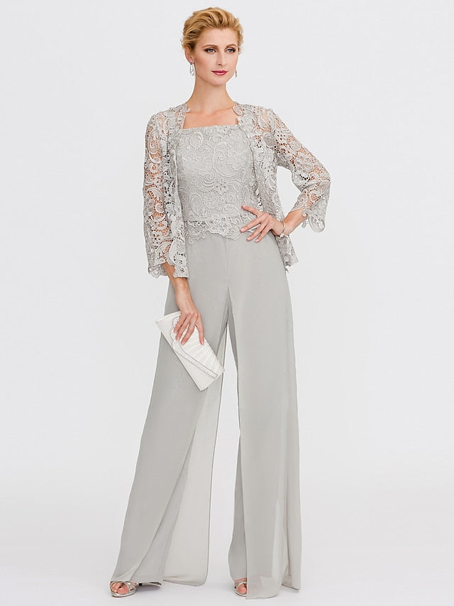 Jumpsuit / Pantsuit Mother of the Bride Dress Formal Plus Size Elegant Square Neck Floor Length Chiffon Corded Lace Sleeveless Wrap Included with Lace Appliques 2023 - LuckyFash™
