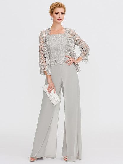 Jumpsuit / Pantsuit Mother of the Bride Dress Formal Plus Size Elegant Square Neck Floor Length Chiffon Corded Lace Sleeveless Wrap Included with Lace Appliques 2023 - LuckyFash™