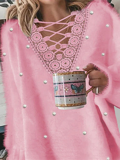 Women's Cardigan Sweater V Neck Fuzzy Knit Polyester Lace Trims Fall Winter Regular Outdoor Going out Weekend Stylish Casual Soft Long Sleeve Pure Color White Pink S M L