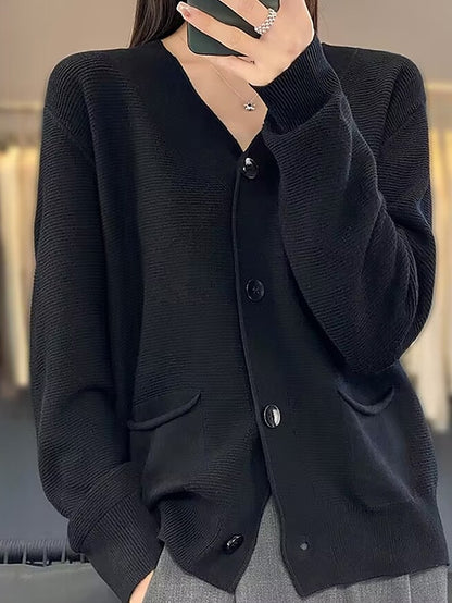 Women's Cardigan Sweater Jacket V Neck Ribbed Knit Acrylic Button Knitted Fall Winter Regular Outdoor Valentine's Day Daily Fashion Streetwear Casual Long Sleeve Solid Color Black Pink Red S M L