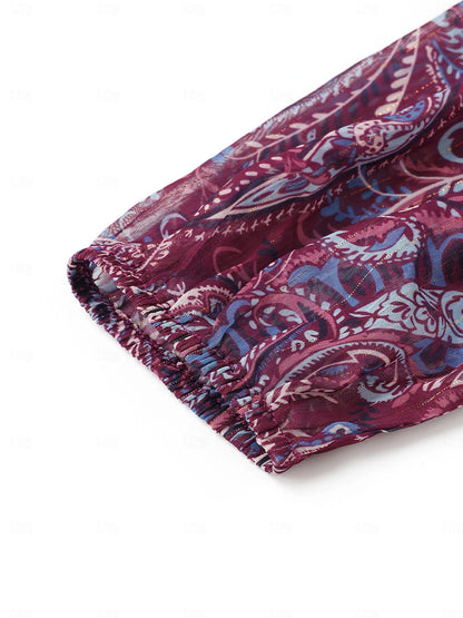 Women's Paisley Metallic Crinkle Chiffon Elastic Waist Midi Dress