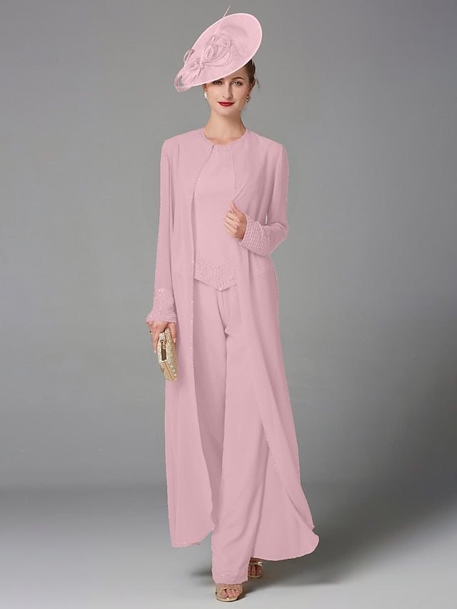 Jumpsuit / Pantsuit 3 Piece Mother of the Bride Dress Formal Plus Size Elegant Wrap Included Bateau Neck Floor Length Chiffon Sleeveless with Beading Appliques 2023 - LuckyFash™