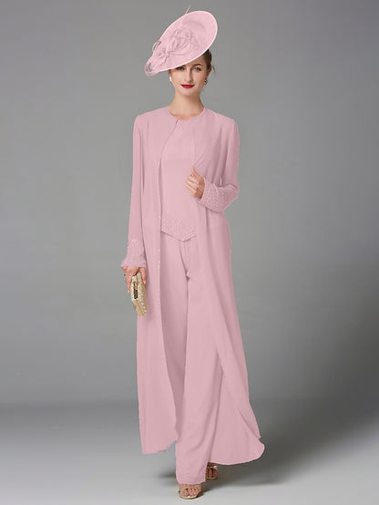 Jumpsuit / Pantsuit 3 Piece Mother of the Bride Dress Formal Plus Size Elegant Wrap Included Bateau Neck Floor Length Chiffon Sleeveless with Beading Appliques 2023 - LuckyFash™