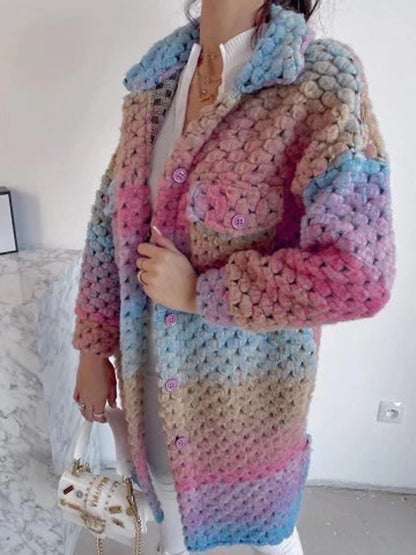 Women's Cardigan Sweater Shirt Collar Chunky Crochet Knit Polyester Pocket Knitted Fall Winter Long Outdoor Daily Going out Stylish Casual Soft Long Sleeve Color Gradient Purple S M L