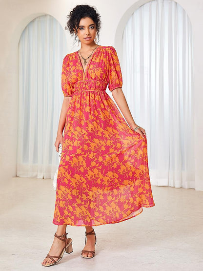 Women's Floral Maxi Dress Pink Chiffon Swing Dress Pleated V Neck Puff Sleeve Boho Vacation Beach Wedding Guest Summer