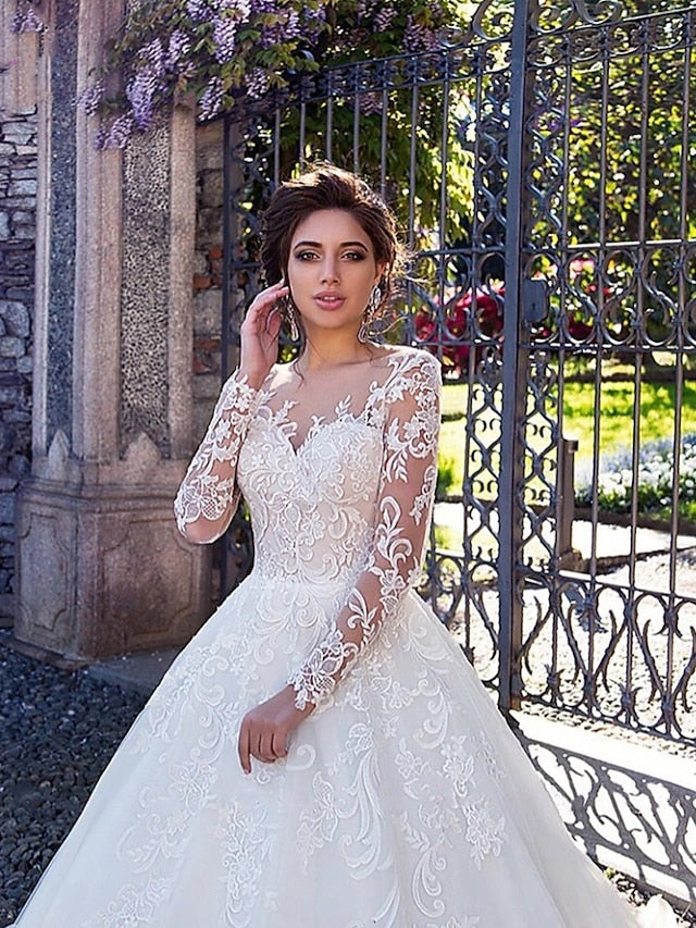 Engagement Formal Wedding Dresses Ball Gown Illusion Neck Long Sleeve Court Train Lace Bridal Gowns With Lace Appliques 2023 Summer Wedding Party, Women's Clothing - LuckyFash™