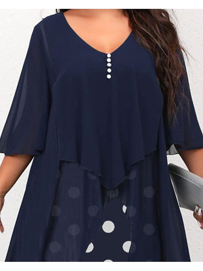 Women's Dress - Plus Size Holiday Dress Polka Dot V Neck Layered 3/4 Length Sleeve Spring Fall Elegant Maxi long Dress Formal Party Dress