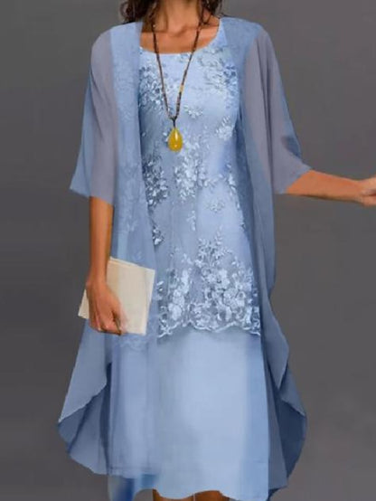 Women's Dress Set Lace Dress Midi Dress Light Blue Green Gray Half Sleeve Floral Embroidered Layered Patchwork Summer Spring Fall Crew Neck Elegant Chinoiserie 2023 M L XL XXL XXXL 4XL 5XL - LuckyFash™