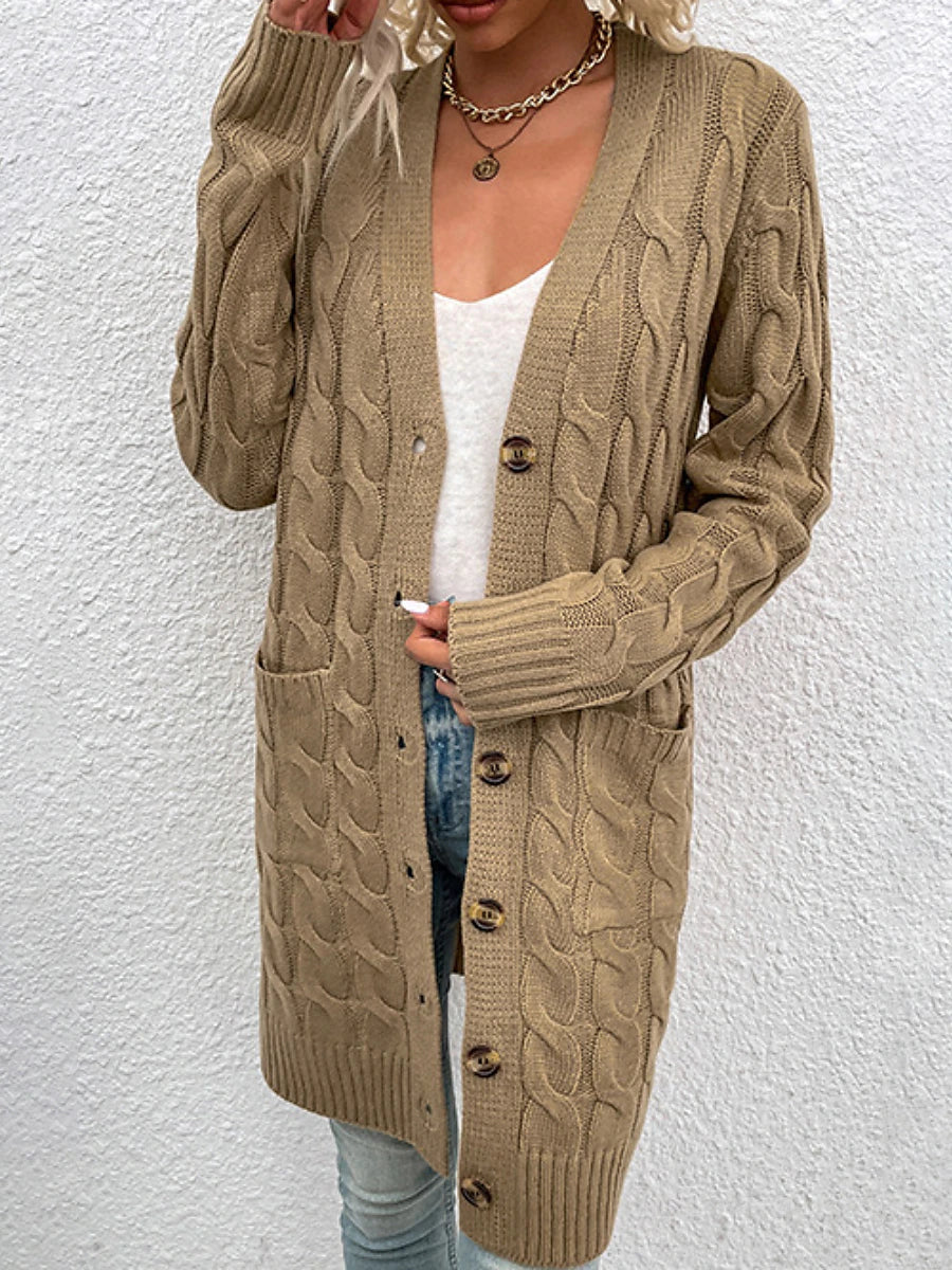 Women's Cardigan Sweater Cowl Cable Knit Faux Fur Button Pocket Summer Fall Long Daily Holiday Going out Stylish Casual Soft Long Sleeve Solid Color Black Yellow Light Green S M L