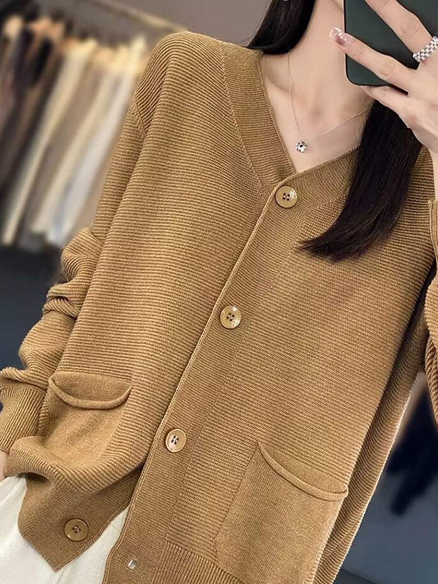 Women's Cardigan Sweater Jacket V Neck Ribbed Knit Acrylic Button Knitted Fall Winter Regular Outdoor Valentine's Day Daily Fashion Streetwear Casual Long Sleeve Solid Color Black Pink Red S M L