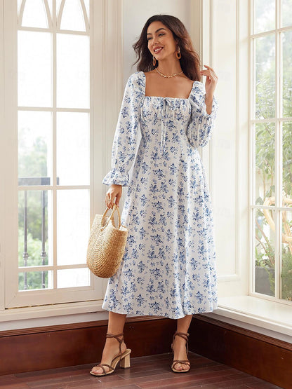 Women's Print Tie Neck Midi Dress Long Sleeve Summer Spring