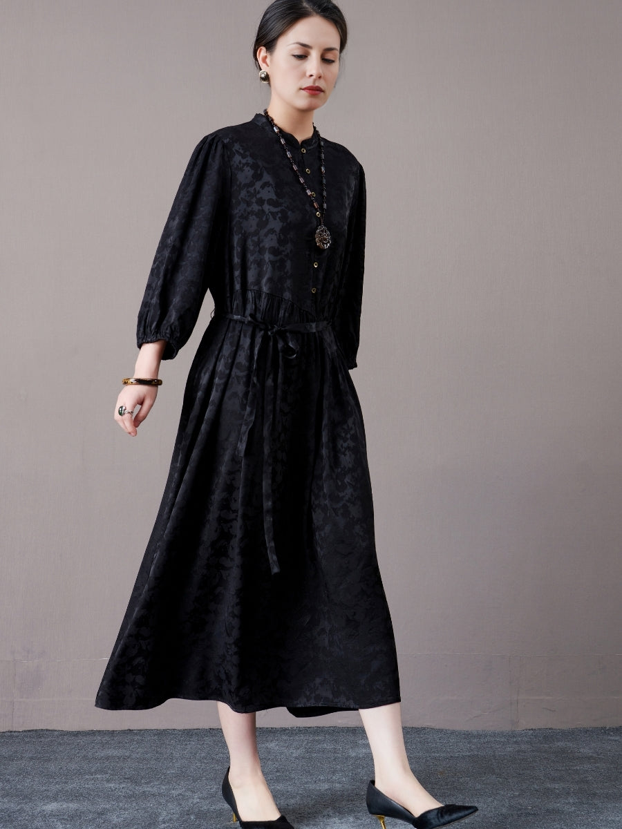 Black Floral Jacquard Midi Dress with Belt