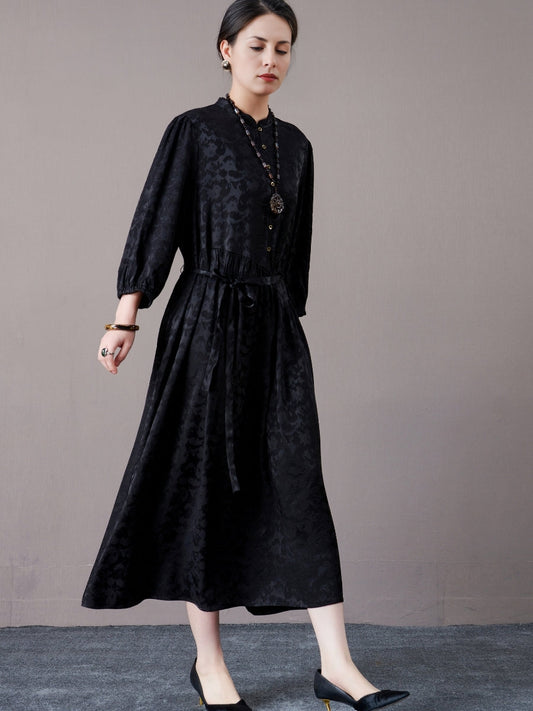 Black Floral Jacquard Midi Dress with Belt