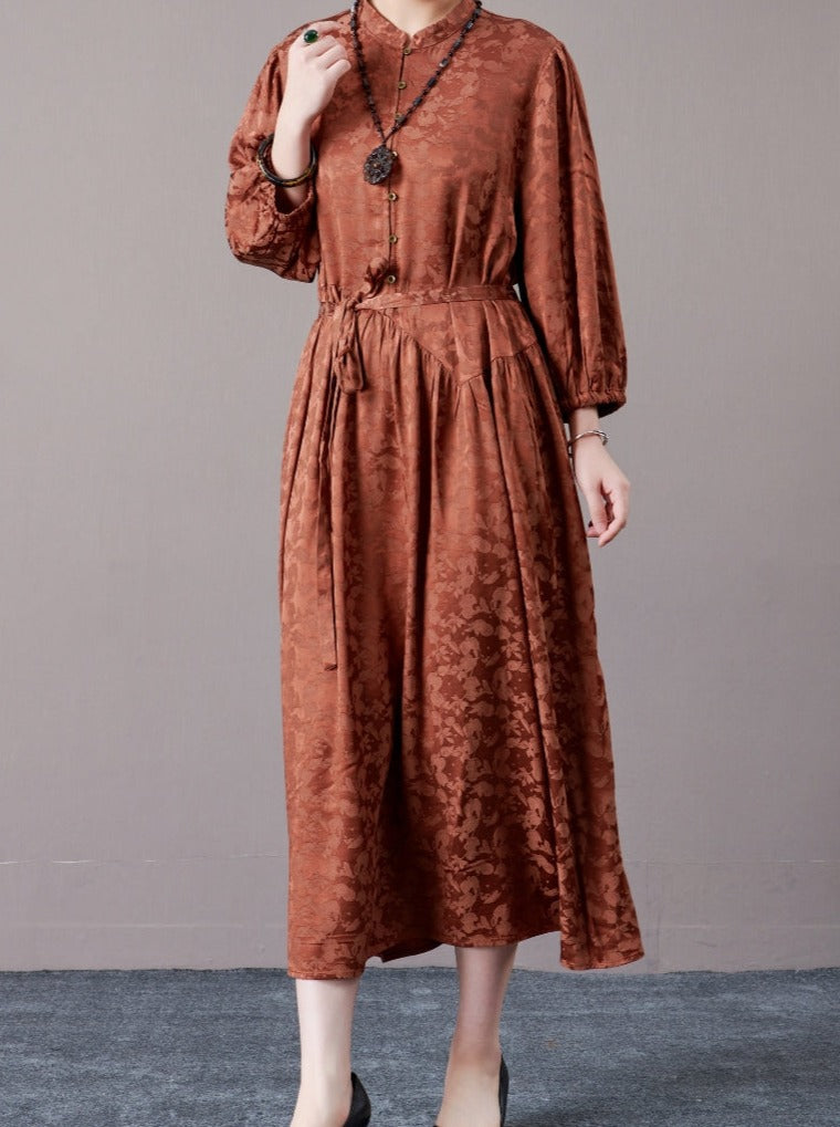 Black Floral Jacquard Midi Dress with Belt