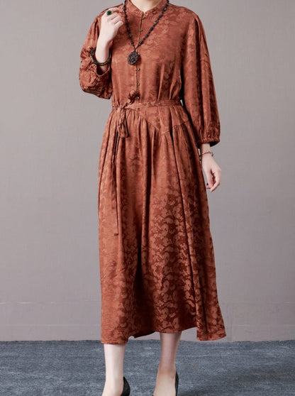 Black Floral Jacquard Midi Dress with Belt