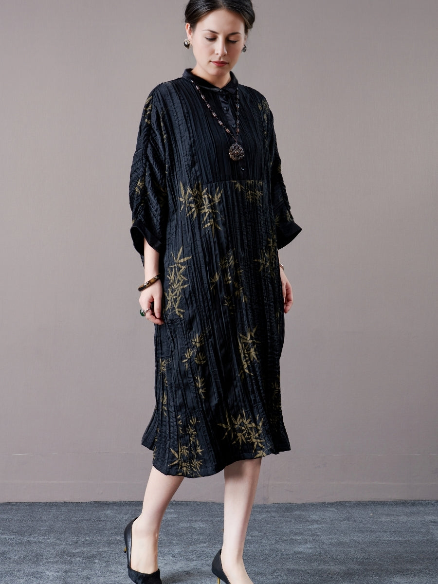 Elegant Black Pleated Maxi Dress with Golden Bamboo Motif