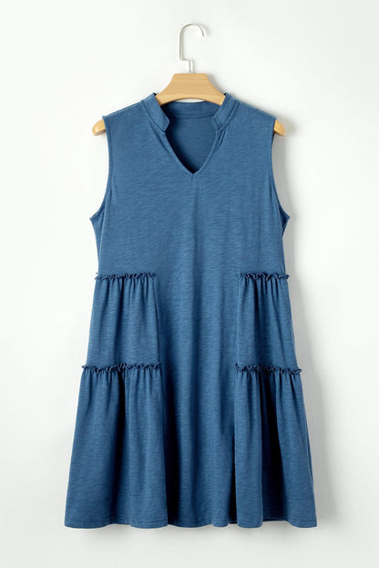 Sail Blue Flowy Tiered V-Neck Sleeveless Mini Dress