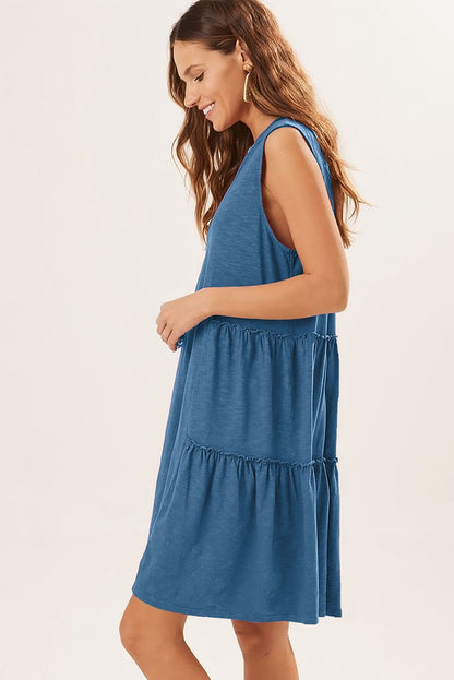 Sail Blue Flowy Tiered V-Neck Sleeveless Mini Dress