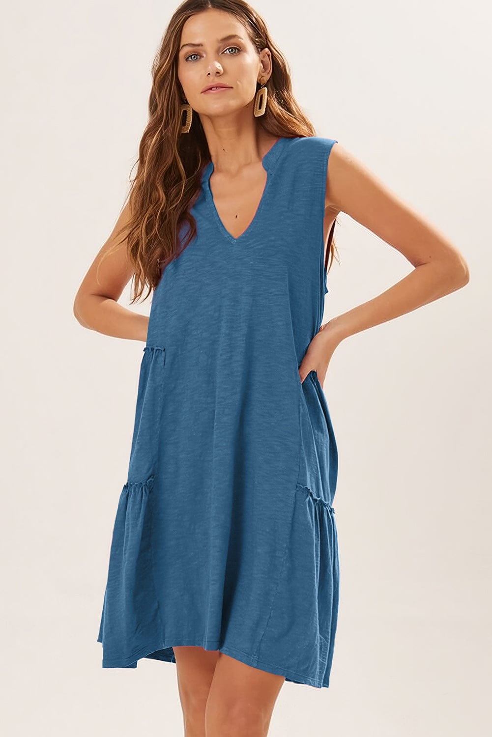 Sail Blue Flowy Tiered V-Neck Sleeveless Mini Dress