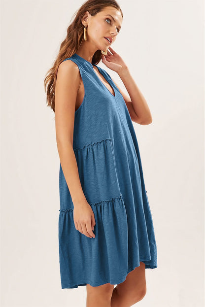 Sail Blue Flowy Tiered V-Neck Sleeveless Mini Dress